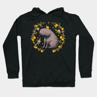 Cottagecore Aesthetic Capybara Chilling With Orange on Head | Goblincore Capy Yuzu Citrus Fruit Blossom Flowers Meditating - Dreamcore Fairytale Mycology Fungi Shrooms Forager Foraging Pet Mat Bandata Hoodie